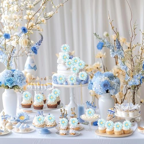 60 PCS Edible Daisy Cupcake Toppers Wafer Paper Daisy Cupcake Picks Edible Daisies Wildflower Birthday Party Decorations for Baby Shower Wedding Birthday Party Cake Food Decorations Supplies Blue (60 Count)