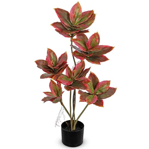 Artificial Tree 2.95Ft Faux Agave Plant Fake Tropical Yucca Palm Tree with 6 Heads in Pot Fake Dracaena Plants Tree for Home Decor Modern Office House Decoration Housewarming Gift Pink (6 Count)