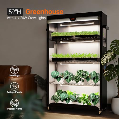 Indoor Greenhouse with Grow Light Oxford Cover (Balck / 59" H x 13.8" W x 35.4" L)