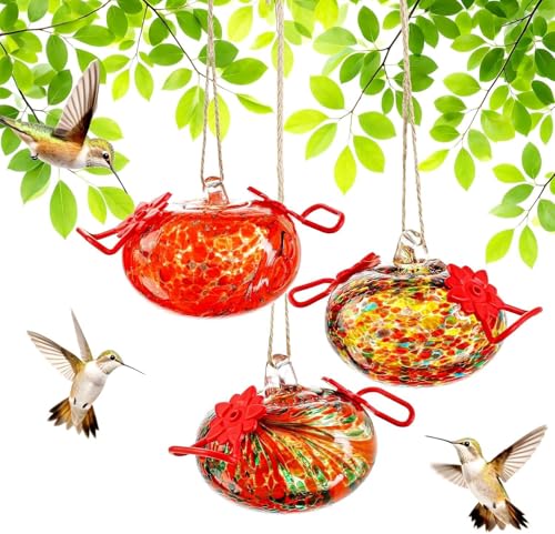 3PCS Glass Hummingbird Feeders for Outdoors Hanging Ant and Bee Proof (Color-D)