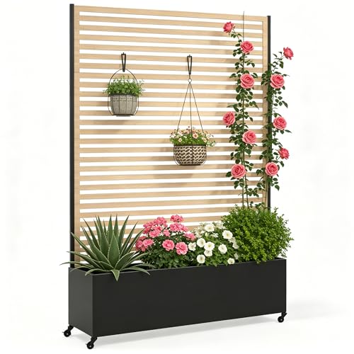 Metal Planter Box with Trellis Privacy Screen (Wood Grain / 73"x 47"x 16")