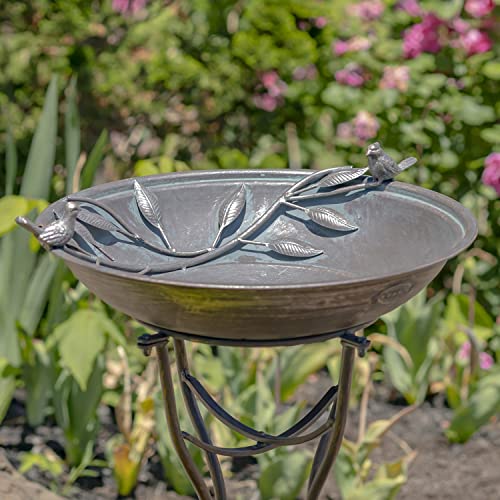 Deep Well Made Metal Birdbath with 2 Cast Iron Birds and Leaf Decoration