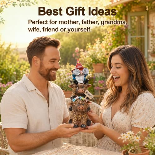 Solar Garden Gnome on Highland Cow Statue with Flower and Welcome Sign (Gnome Highland Cow)