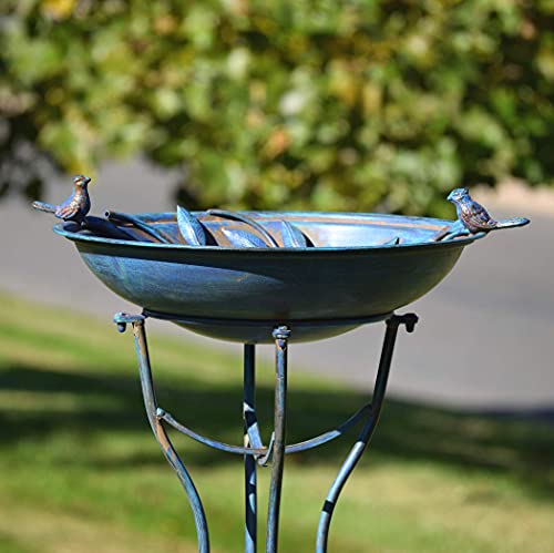 Deep Well Made Metal Birdbath with 2 Cast Iron Birds and Leaf Decoration