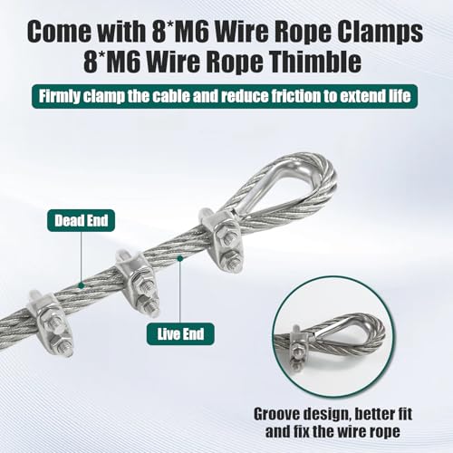 1 4" Stainless Steel Cable 75FT Wire Rope with Clamps and Thimble (75 Foot)