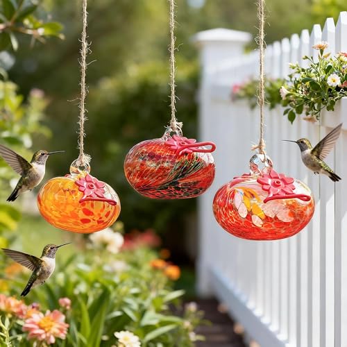 Set of 3 Blown Glass Hummingbird Feeders Decor for Home Garden Outside (Color-C)