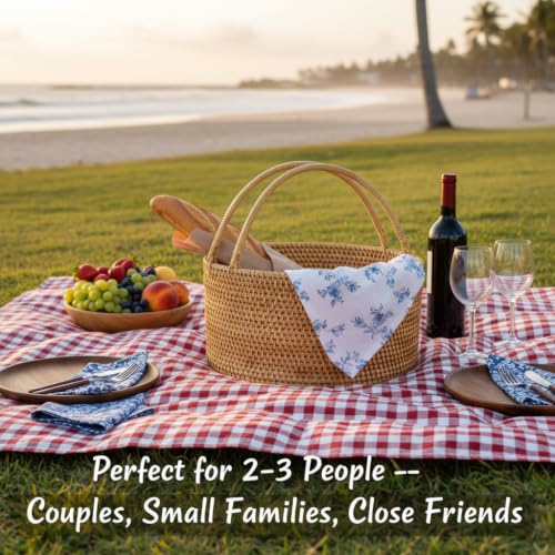 Rattan Picnic Basket with Handle (brown / Medium Round – 13 x 13 x 6 in)