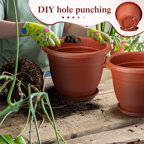 12 Pack 10'' Plastic Plant Pots Round Planter Pots with Saucer Tray Seedling Pots with Holes Seed Resin Plant Pot Starting Nursery Flower Container with Pallet for Garden Outdoor Indoor (Brown / 10'')