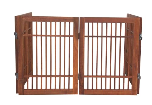 Freestanding Wooden Dog Gate Foldable Indoor Pet Gate No Drill Expandable Barrier for Doorways Stairs Hallways Portable Wood Fence for Small Dogs & Puppies (4 Panel 24" Tall / Brown Pet Gate)
