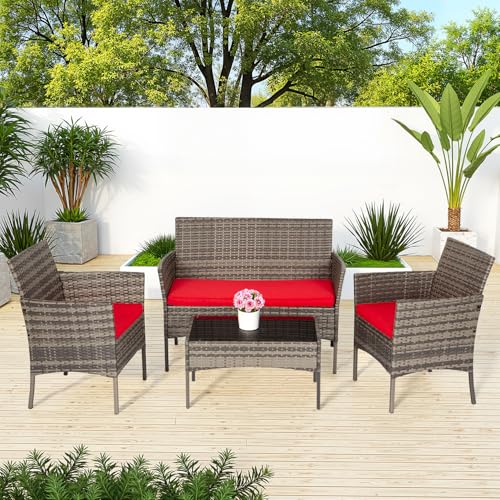 4 Piece Patio Furniture Set (Gray and Red / 4 Pieces)