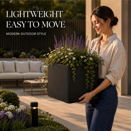 Galvanized Steel Metal Square Planter for Indoor Outdoor 1Set (Black / 13.8"H×13.8"W×13.8"L)