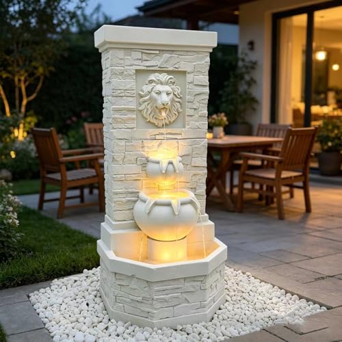 42'' Lion Head Outdoor Water Feature Fountain for Garden with Lights (White Lion 42in)