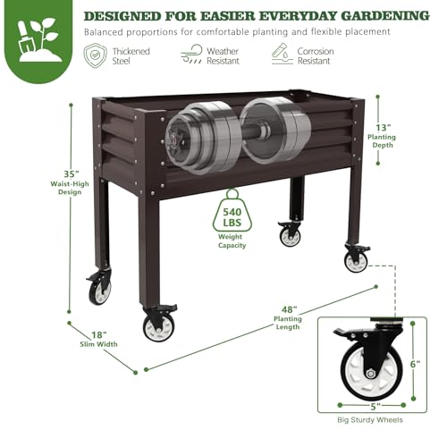 Anleolife Rolling Elevated Raised Garden Bed with Wheels (48x18x35 in / Cafébronze)