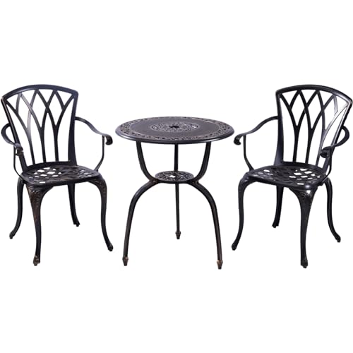 C G Bistro Set 3 Piece Outdoor Cast Aluminum Patio Bistro Set with Umbrella Hole and Armrests