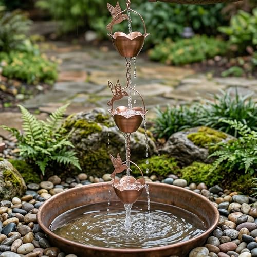Rain Chain for Gutters (Flower Cups with Hummingbird)