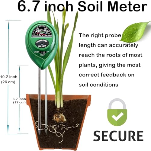 3-in-1 Soil Moisture Meter, Upgraded Stainless Steel Probe Soil pH/Light/Moisture Meter for Plants, Soil Tester for Garden, Farm, Lawn, Indoor & Outdoor (No Battery Needed)