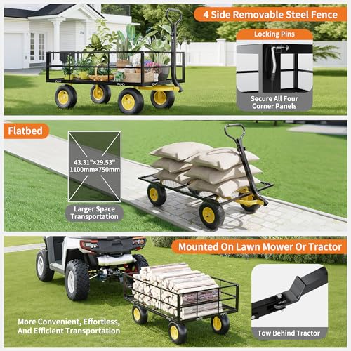 3-in-1 Heavy-Duty Steel Garden Cart, 1200 Lbs Garden Wagon, with 13 Inch All-Terrain Tires and Removable Mesh Side Panels, 180° Rotating Handle, Metal Multi-Function Carts, Outdoor Gardens Wagon Cart (Black + Yellow / 1200 Lb)