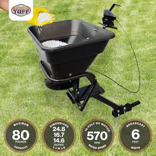 12V 80 Pound Capacity Grass Seed Fertilizer Spreader with Hitch Mount Receiver and Rain Protector for ATV