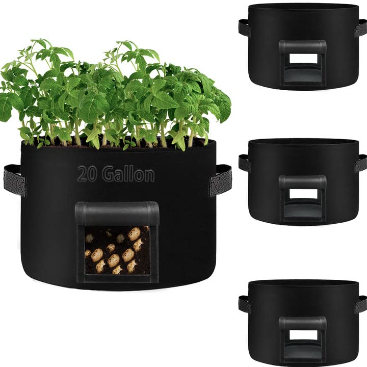 4 Pack 20 Gallon Grow Bags Heavy Dduty Nonwoven Potato Grow Bag with 2 Sturdy Handles&2 Windows (4 Count)