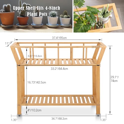 Bamboo Plant Stand Indoor 37.4"x11" 2 Tier Tall Organizer Shelf