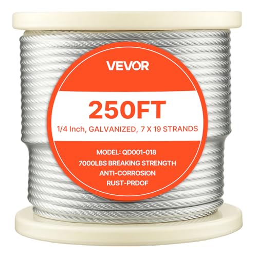 Wire Rope, 1/4" 250 ft Zinc Galvanized Carbon Steel Cable with Gloves, 7000 lbs Breaking Strength, 7 x 19 Strands Construction Marine Aircraft Grade for Handrail Stair Decking Fence Outdoors