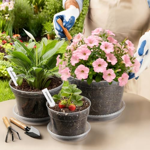 10/8/6 Inch Clear Plant Pots with Drainage Hole 12 Pack, Transparent Sturdy Plastic Nursery Pots with Saucers, Plant Label, Gardening Gloves, Plant Starter Pots for Planting Seed Herb Vegetable Flower (Clear / 10/8/6 Inch-12P)