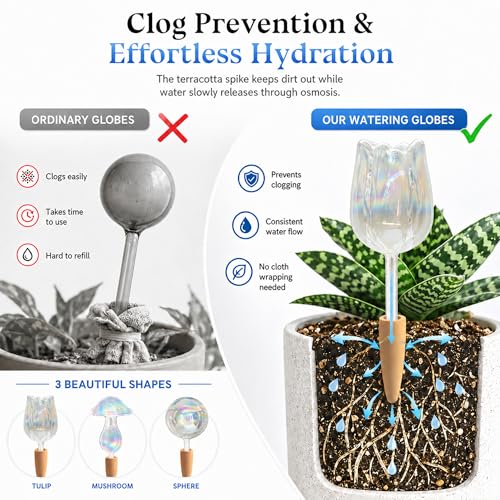 Non Clogging Iridescent Tulip Plant Watering Globes with Terracotta Spikes (3 Iridescent Tulips)