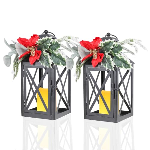 Christmas Lanterns 2 Pack 12'' Black Metal with Candle Holiday Decor