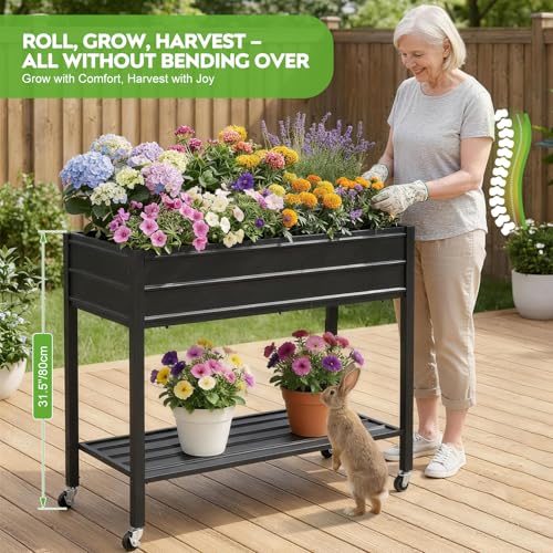 32" Tall Galvanized Raised Garden Bed with Legs Wheels & Shelf