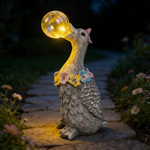 Porch Goose Statue with Solar Bubble Light Garden Gray Figurine Decor for Yard Lawn Patio Outdoor Decorations Housewarming Gifts for Mom Grandma Women (Grey Goose)