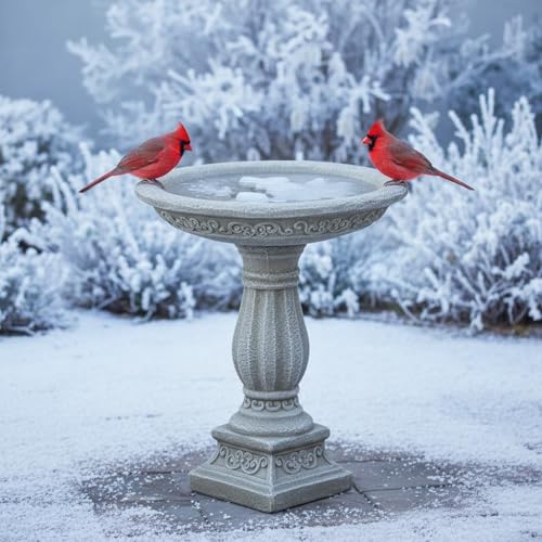 23.8 Inch High Concrete Bird Bath with Carved Pedestal