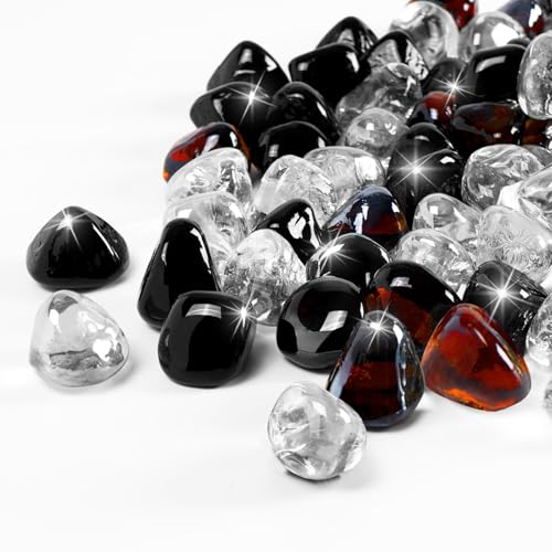 Blended Fire Glass Diamonds for Fire Pit Fireplace (Diamond 20LB / Crystal Ice +Onyx Black + Amber)