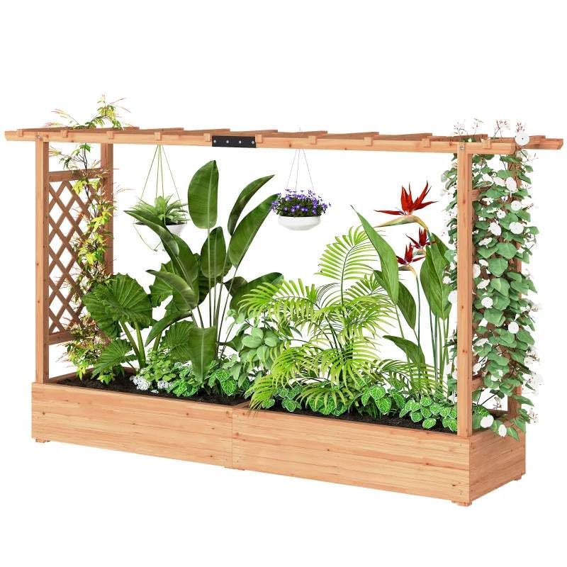 Wooden Raised Garden Bed with Trellis