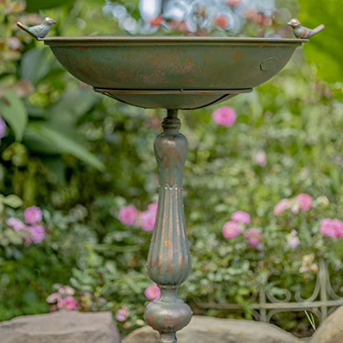 Ornate Pedestal Style Birdbath with Cast Iron Birds on Rim