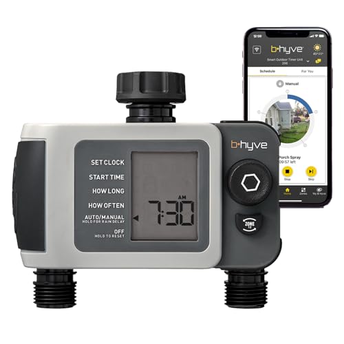 B-hyve XD 2-Port Smart Hose Watering Timer - Features Dual Outlet Irrigation Control - App Controlled Watering Timer with Bluetooth - Weatherproof Battery Powered - 24632