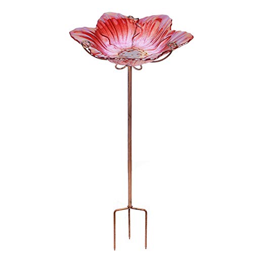 Bird Baths for Outdoors Glass Bird Bath Bowl Outdoor Bird Feeder Flower Pattern with Metal Stake for Garden