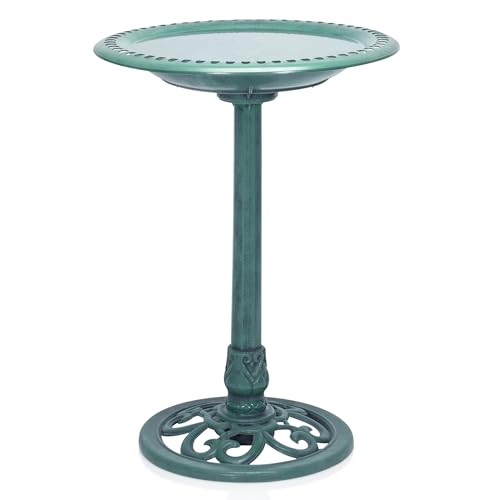 TEC116 Outdoor Aged Green Pedestal Birdbath with Scrollwork
