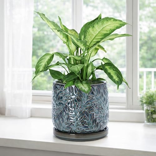 Embossed Leaves Ceramic Planter (6 Inch / Ocean Teal)