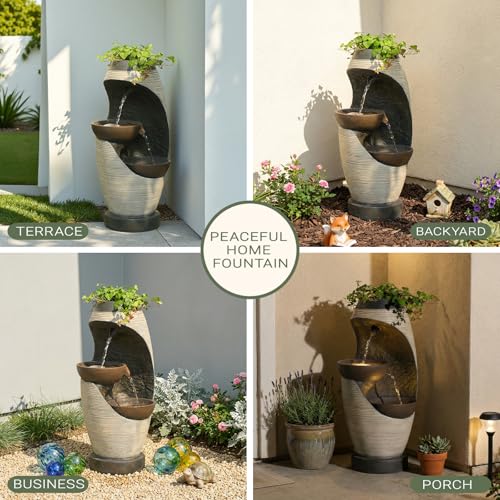 2 Tier Bowl Water Fountain with LED Lights (Beige-27.95")