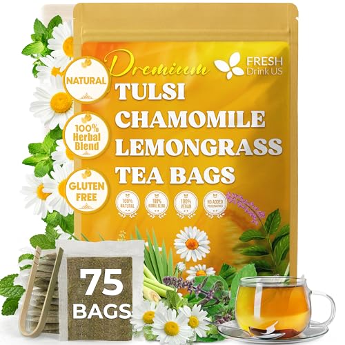 Premium 75 Tea Bags Tulsi Chamomile Lemongrass Herbal Tea (75 Tea Bags)