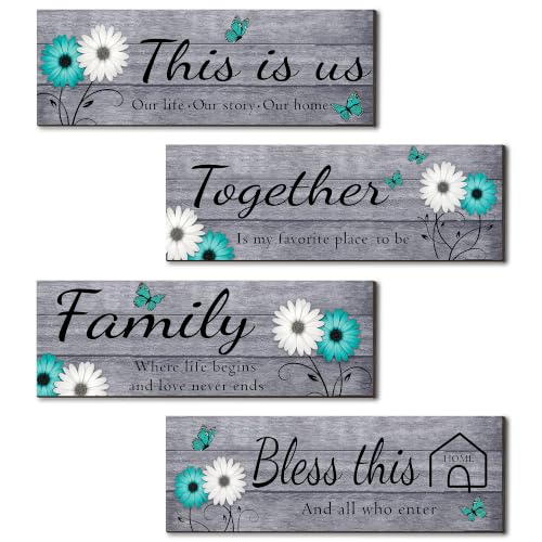 4 Pcs Farmhouse Wall Decor with Teal Butterflies & Daisies (Grey Teal)