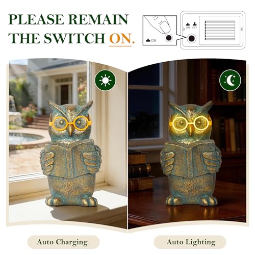 Reading Owl Statue with Solar Glasses Garden Decor Gift for Women (Owl)