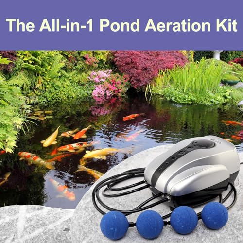 All-in-One Koi Pond Aerator for Pond up to 2000 Gallons, Pond Air Pump Aeration Kit with 4 Outlets Air Stones Airline Tubing Check Valves