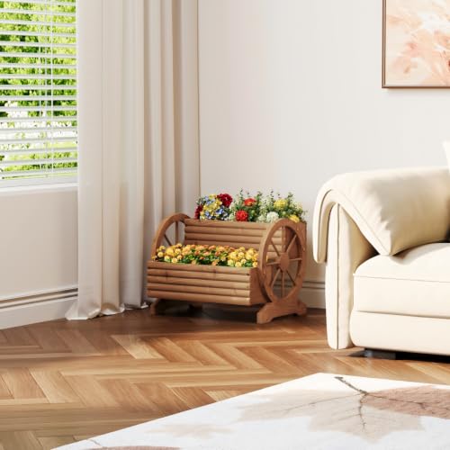Wood Wagon Planter for outdoor Plants Cute Garden Flower Pots Cart Porch (Brown-large)