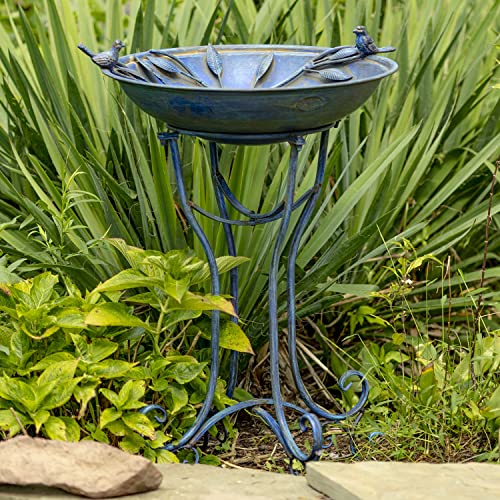 Deep Well Made Metal Birdbath with 2 Cast Iron Birds and Leaf Decoration