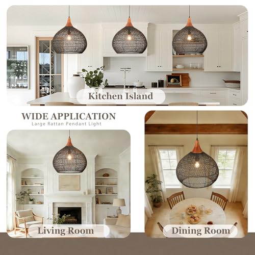 Large Black Rattan Pendant Light (Wood + Black Rattan / D 20", Extra Large)
