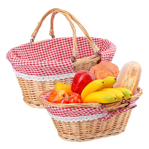 2 Pack 14.2 & 12.6 Inch Natural Wicker Basket with Linen Cotton Cloth Lining (2 Pack 14.2in&12.6in Natural(Round willow))