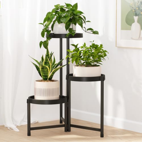 Plant Stand Indoor Outdoor with Large 10 Inch Plastic Tray (Black with Large Tray / 3 Tier)