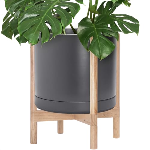 Ceramic Pot with Natural Wood Stand (14 Inch / Grey Pot + Natural Stand)
