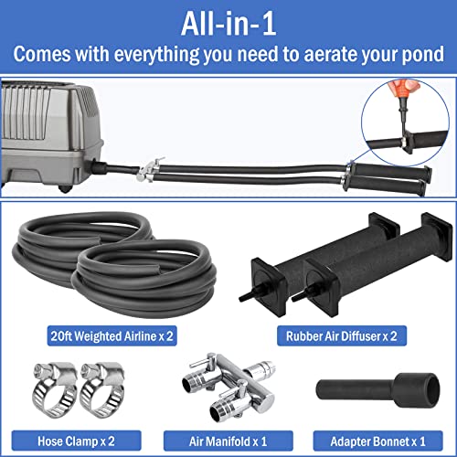 All-in-One Koi Pond Aerator for Outdoor Ponds 5000-10000 Gallons, Pond Air Pump Aeration System with Self-Sinking Airline Flow Control Rubber Air Diffuser